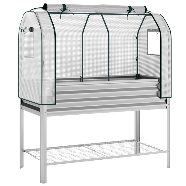 Galvanised Raised Garden Bed with Greenhouse Cover, Metal Elevated Garden Bed with Legs, Bed Liner and Bottom Shelf, Outdoor Raised Planter Box for Vegetables, Herbs, Flowers, Silver