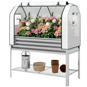 Galvanised Raised Garden Bed with Greenhouse Cover, Metal Elevated Garden Bed with Legs, Bed Liner and Bottom Shelf, Outdoor Raised Planter Box for Vegetables, Herbs, Flowers, Silver