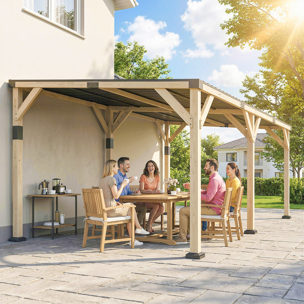 10' x 20' Wooden Gazebo, Hardtop Lean-to Gazebo Pergola with Galvanized Steel Sloped Roof, Large Heavy Duty Awning for Patio, Deck, Backyard, Light Walnut