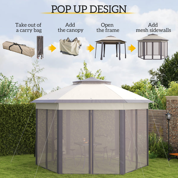 Outsunny 13' x 13' Pop Up Gazebo, Hexagonal Canopy Shelter with 6 Zippered Mesh Netting, Event Tent with Strong Steel Frame for Patio Backyard Garden Wedding Party, Coffee and Beige