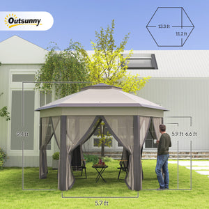 Outsunny 13' x 13' Pop Up Gazebo, Hexagonal Canopy Shelter with 6 Zippered Mesh Netting, Event Tent with Strong Steel Frame for Patio Backyard Garden Wedding Party, Coffee and Beige