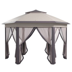 Outsunny 13' x 13' Pop Up Gazebo, Hexagonal Canopy Shelter with 6 Zippered Mesh Netting, Event Tent with Strong Steel Frame for Patio Backyard Garden Wedding Party, Coffee and Beige