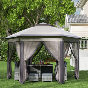 Outsunny 13' x 13' Pop Up Gazebo, Hexagonal Canopy Shelter with 6 Zippered Mesh Netting, Event Tent with Strong Steel Frame for Patio Backyard Garden Wedding Party, Coffee and Beige