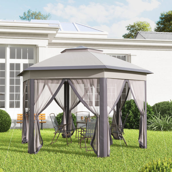 Outsunny 13' x 13' Pop Up Gazebo, Hexagonal Canopy Shelter with 6 Zippered Mesh Netting, Event Tent with Strong Steel Frame for Patio Backyard Garden Wedding Party, Coffee and Beige