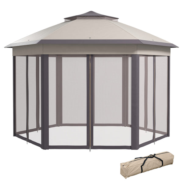 Outsunny 13' x 13' Pop Up Gazebo, Hexagonal Canopy Shelter with 6 Zippered Mesh Netting, Event Tent with Strong Steel Frame for Patio Backyard Garden Wedding Party, Coffee and Beige