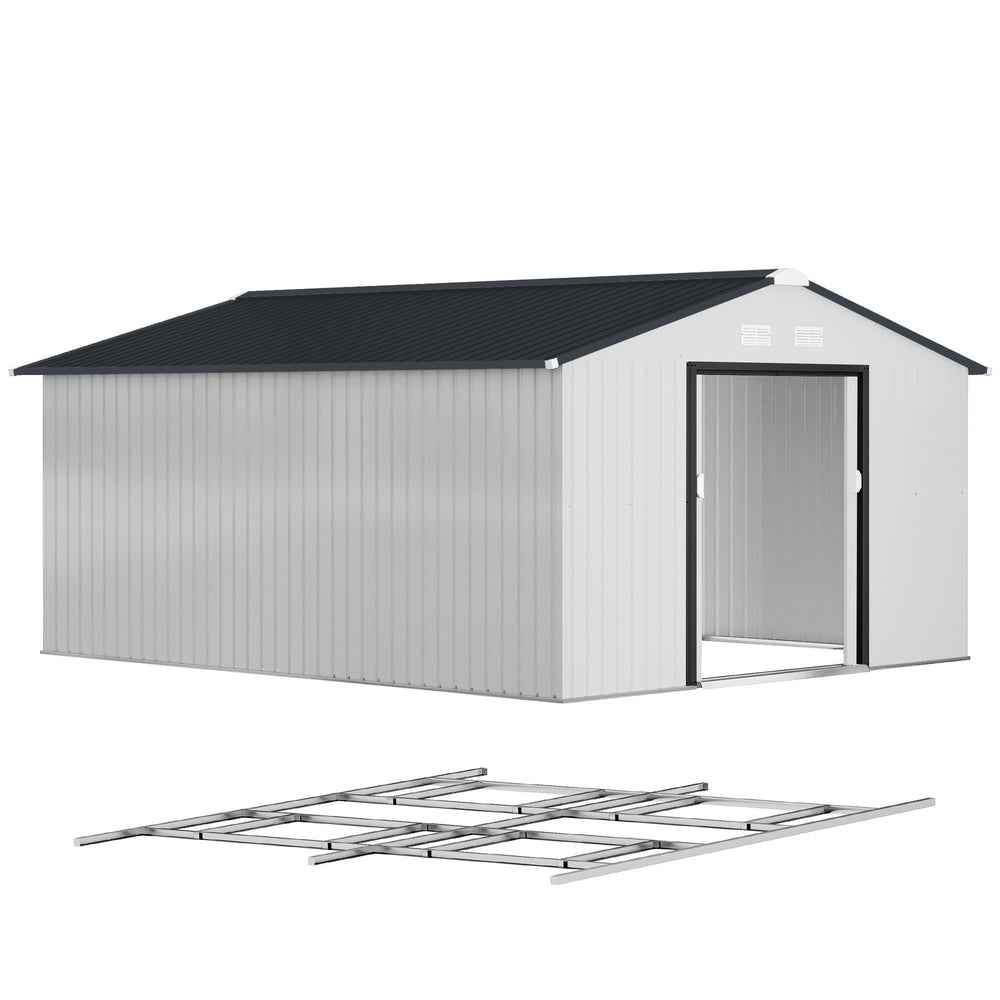 11' x 13' Garden Storage Shed with Foundation Kit, Metal Tool Storage House with Double Doors for Outdoor Patio Yard, White