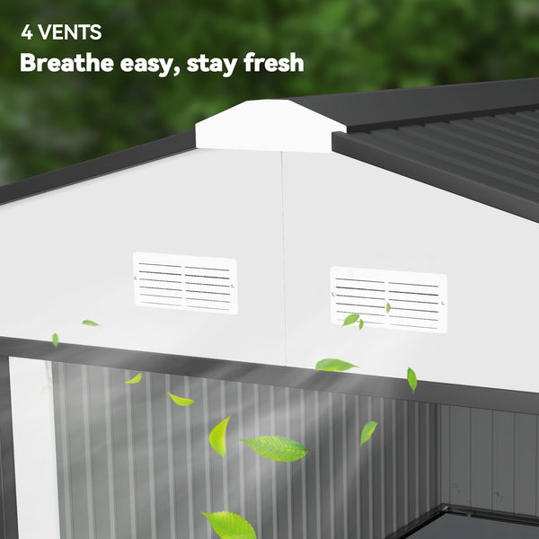 11' x 13' Garden Storage Shed with Foundation Kit, Metal Tool Storage House with Double Doors for Outdoor Patio Yard, White