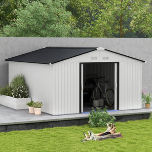 Outsunny 11' x 13'  Outdoor Storage Shed, Garden Tool Metal Shed with Foundation Kit, Double Lockable Door, Air Vents and Sloping Roof, for Backyard, Patio, Lawn, White