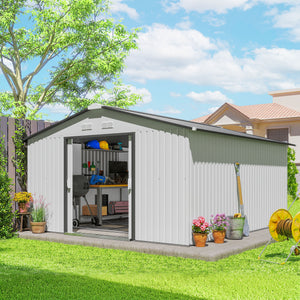 11' x 13' Garden Storage Shed with Foundation Kit, Metal Tool Storage House with Double Doors for Outdoor Patio Yard, White