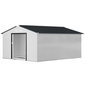 Outsunny 11' x 13'  Outdoor Storage Shed, Garden Tool Metal Shed with Foundation Kit, Double Lockable Door, Air Vents and Sloping Roof, for Backyard, Patio, Lawn, White