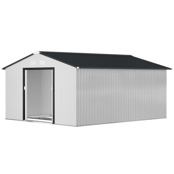 11' x 13' Garden Storage Shed with Foundation Kit, Metal Tool Storage House with Double Doors for Outdoor Patio Yard, White