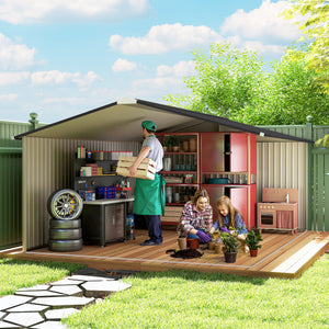 11' x 13' Garden Storage Shed with Foundation Kit, Metal Tool Storage House with Double Doors for Outdoor Patio Yard, White