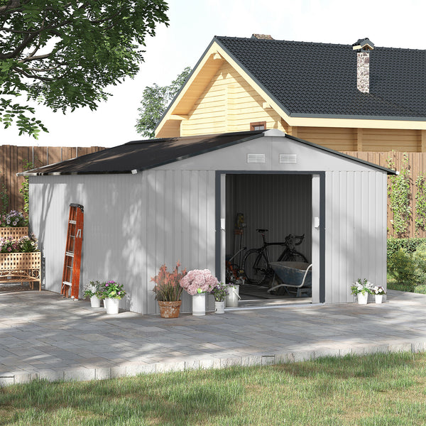 Outsunny 11' x 13'  Outdoor Storage Shed, Garden Tool Metal Shed with Foundation Kit, Double Lockable Door, Air Vents and Sloping Roof, for Backyard, Patio, Lawn, White