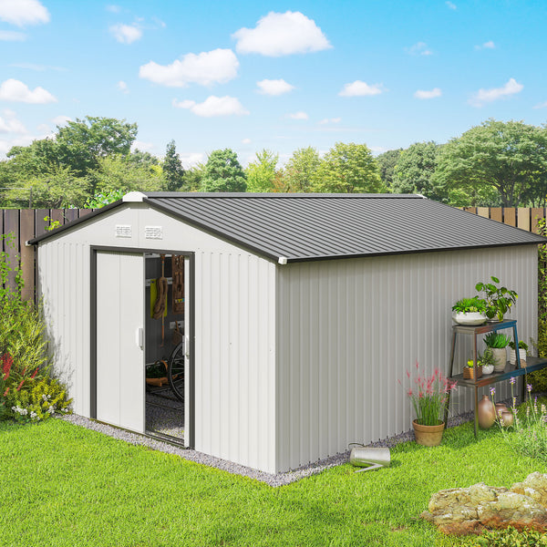 11' x 13' Garden Storage Shed with Foundation Kit, Metal Tool Storage House with Double Doors for Outdoor Patio Yard, White