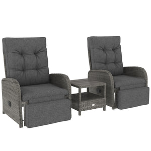 3 Pieces Rattan Bistro Set, Wicker Balcony Furniture Set with Reclining Sun Loungers, 2-Tier Coffee Table and Cushions, 2 Seater Garden Furniture for Outdoor Patio Balcony, Grey