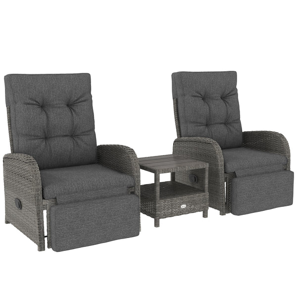 3 Pieces Rattan Bistro Set, Wicker Balcony Furniture Set with Reclining Sun Loungers, 2-Tier Coffee Table and Cushions, 2 Seater Garden Furniture for Outdoor Patio Balcony, Grey
