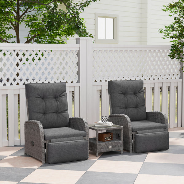 3 Pieces Rattan Bistro Set, Wicker Balcony Furniture Set with Reclining Sun Loungers, 2-Tier Coffee Table and Cushions, 2 Seater Garden Furniture for Outdoor Patio Balcony, Grey