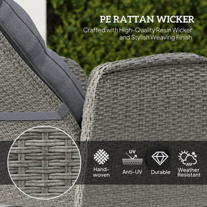 3 Pieces Rattan Bistro Set, Wicker Balcony Furniture Set with Reclining Sun Loungers, 2-Tier Coffee Table and Cushions, 2 Seater Garden Furniture for Outdoor Patio Balcony, Grey
