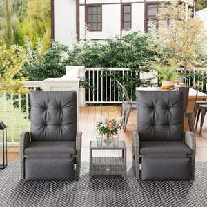 3 Pieces Rattan Bistro Set, Wicker Balcony Furniture Set with Reclining Sun Loungers, 2-Tier Coffee Table and Cushions, 2 Seater Garden Furniture for Outdoor Patio Balcony, Grey
