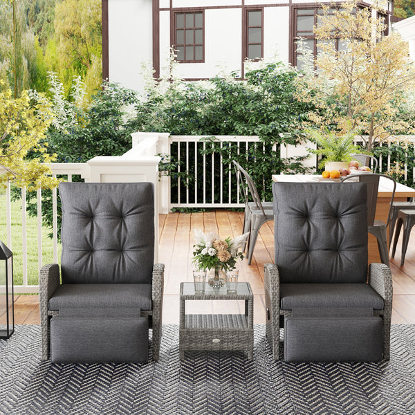 3 Pieces Rattan Bistro Set, Wicker Balcony Furniture Set with Reclining Sun Loungers, 2-Tier Coffee Table and Cushions, 2 Seater Garden Furniture for Outdoor Patio Balcony, Grey