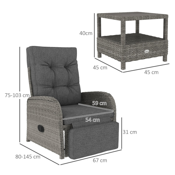 3 Pieces Rattan Bistro Set, Wicker Balcony Furniture Set with Reclining Sun Loungers, 2-Tier Coffee Table and Cushions, 2 Seater Garden Furniture for Outdoor Patio Balcony, Grey