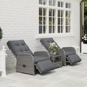 3 Pieces Rattan Bistro Set, Wicker Balcony Furniture Set with Reclining Sun Loungers, 2-Tier Coffee Table and Cushions, 2 Seater Garden Furniture for Outdoor Patio Balcony, Grey