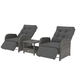 3 Pieces Rattan Bistro Set, Wicker Balcony Furniture Set with Reclining Sun Loungers, 2-Tier Coffee Table and Cushions, 2 Seater Garden Furniture for Outdoor Patio Balcony, Grey