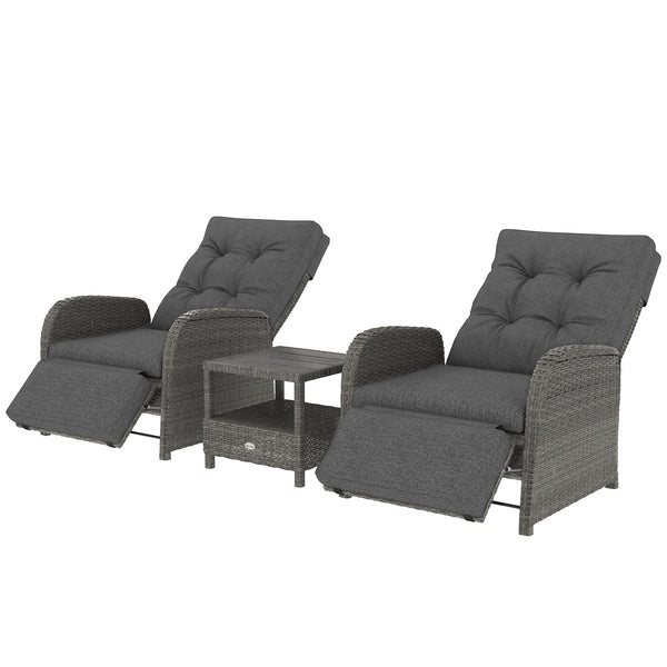3 Pieces Rattan Bistro Set, Wicker Balcony Furniture Set with Reclining Sun Loungers, 2-Tier Coffee Table and Cushions, 2 Seater Garden Furniture for Outdoor Patio Balcony, Grey