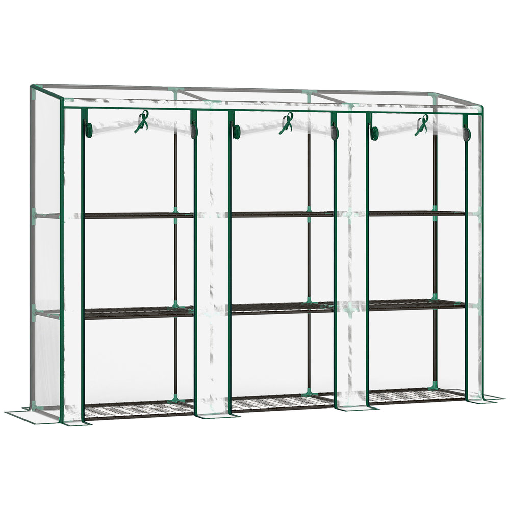 3 Tier Lean-to Mini Greenhouse with Reinforced Plastic Cover, Portable Indoor Outdoor Green House with 3 Roll-up Doors and 9 Wire Shelves, 151H x 215W x 46Dcm, Clear