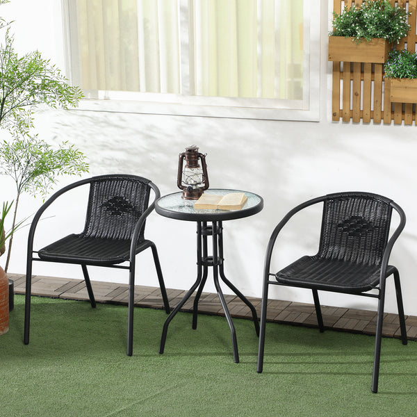 3 Pieces Rattan Bistro Set, 2 Seater Garden Furniture Set with Coffee Table and Stackable Chairs, Wicker Outdoor Table and Chairs for Garden, Porch, Balcony, Black