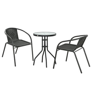 3 Pieces Rattan Bistro Set, 2 Seater Garden Furniture Set with Coffee Table and Stackable Chairs, Wicker Outdoor Table and Chairs for Garden, Porch, Balcony, Black