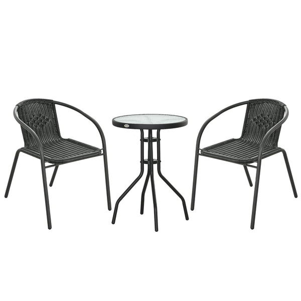 3 Pieces Rattan Bistro Set, 2 Seater Garden Furniture Set with Coffee Table and Stackable Chairs, Wicker Outdoor Table and Chairs for Garden, Porch, Balcony, Black