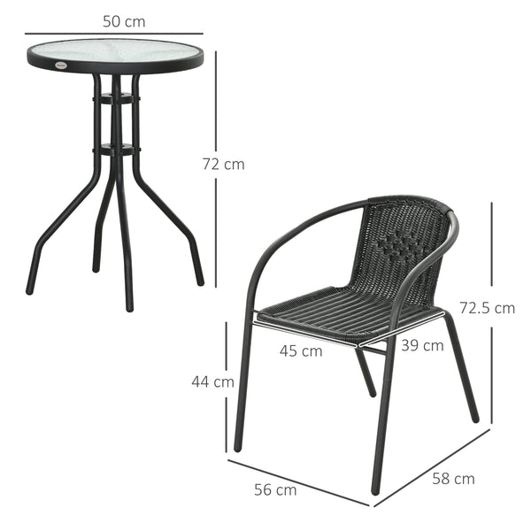 3 Pieces Rattan Bistro Set, 2 Seater Garden Furniture Set with Coffee Table and Stackable Chairs, Wicker Outdoor Table and Chairs for Garden, Porch, Balcony, Black