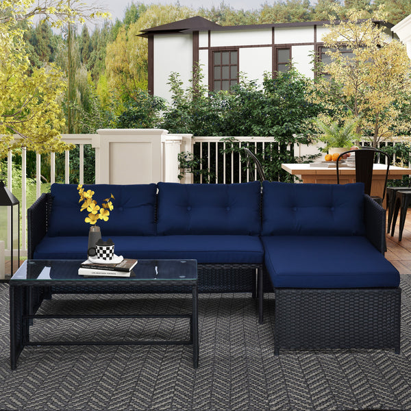 Outsunny 3 Piece Patio Furniture Set, Rattan Outdoor Sofa Set with Chaise Lounge & Loveseat, Soft Cushions, Tempered Glass Table, L-Shaped Sectional Couch, Blue