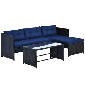 Outsunny 3 Piece Patio Furniture Set, Rattan Outdoor Sofa Set with Chaise Lounge & Loveseat, Soft Cushions, Tempered Glass Table, L-Shaped Sectional Couch, Blue