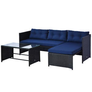 Outsunny 3 Piece Patio Furniture Set, Rattan Outdoor Sofa Set with Chaise Lounge & Loveseat, Soft Cushions, Tempered Glass Table, L-Shaped Sectional Couch, Blue