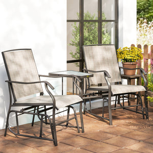 Outdoor Glider Chairs with Coffee Table, Patio 2-Seat Rocking Chair Swing Loveseat with Breathable Sling for Backyard, Garden, and Porch, Light Brown