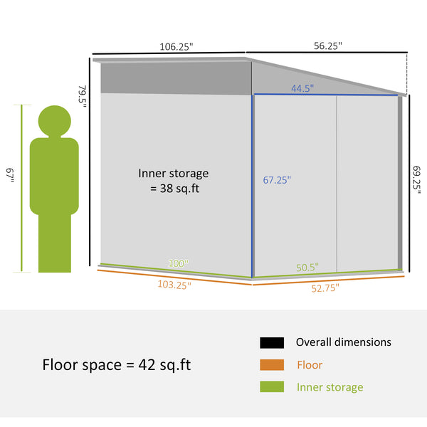 Outsunny 4.6' x 9' Steel Outdoor Storage Shed, Lean to Shed, Metal Tool House with Foundation Kit, Lockable Doors, Gloves and 2 Air Vents for Backyard, Patio, Lawn, Gray