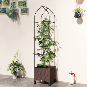 Raised Garden Bed with Trellis, Tomato Cage with Lockable Wheels, Self Watering Planter Box with Drainage Holes and Plugs for Outdoor Patio Climbing Plants, Vines, Vegetables, Flowers, Brown