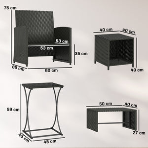 6 Piece Rattan Garden Furniture Set, Space-Saving Patio Furniture Conversation Set with 2 Nesting Tables, 2 Chairs, 2 Footstools, Wicker Outdoor Sofa with Cushions for Balcony Porch, Black