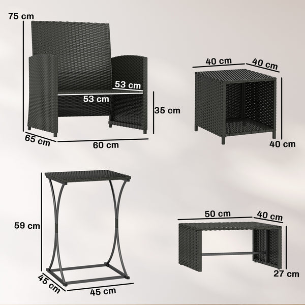 6 Piece Rattan Garden Furniture Set, Space-Saving Patio Furniture Conversation Set with 2 Nesting Tables, 2 Chairs, 2 Footstools, Wicker Outdoor Sofa with Cushions for Balcony Porch, Black