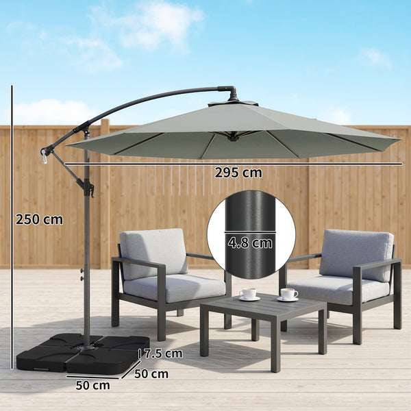 3 m Cantilever Parasol with Umbrella Weights, Cross Base, Offset Outdoor Umbrella with Protective Cover, Crank Handle, Hanging Sun Shade, Light Grey