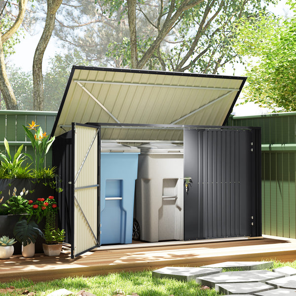7.6 x 3.4ft Garbage Bin Shed for 3 Trash Cans, Outdoor Trash Can Storage Shed, Horizontal Outdoor Storage Shed with Lockable Double Doors and Openable Lid