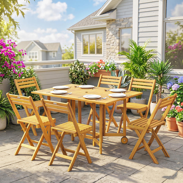 7 Pieces Garden Dining Set, Extending Dining Table and 6 Folding Chairs with Umbrella Hole, Garden Furniture Set with FSC-Certified Acacia Wood for Patio, Natural Wood