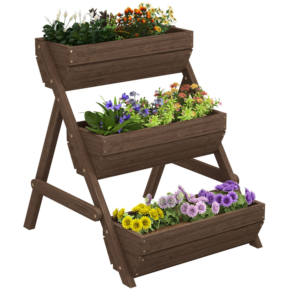 3 Tier 66L Raised Garden Bed Wooden Elevated Planter Box Kit for Flower, Vegetable, Herb, 65 x 75 x 76cm, Tan