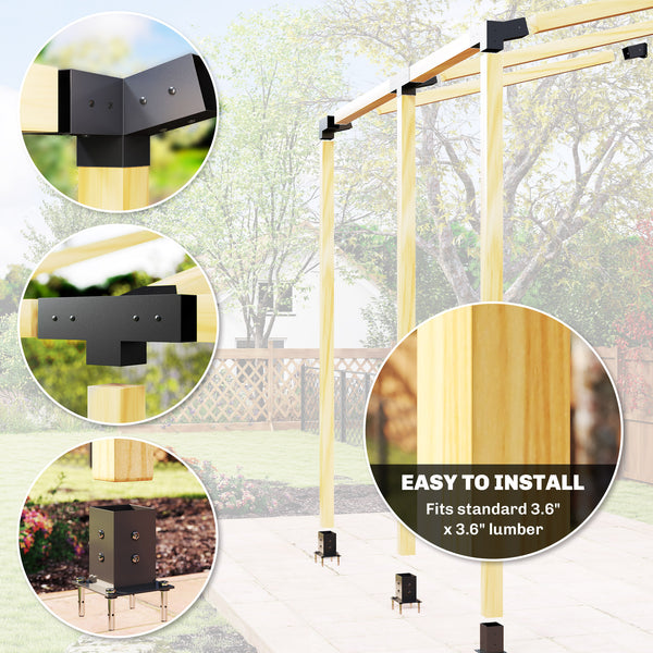 Pergola Kit, 15° Slanted Roof Pergola Bracket Kit with 4-Way/3-Way Corner Brackets, Post Bases, Wall Mounts for 4"x 4" (Actual 3.6" X 3.6") Lumber, 9 PCS DIY Hardware with Screws, Black