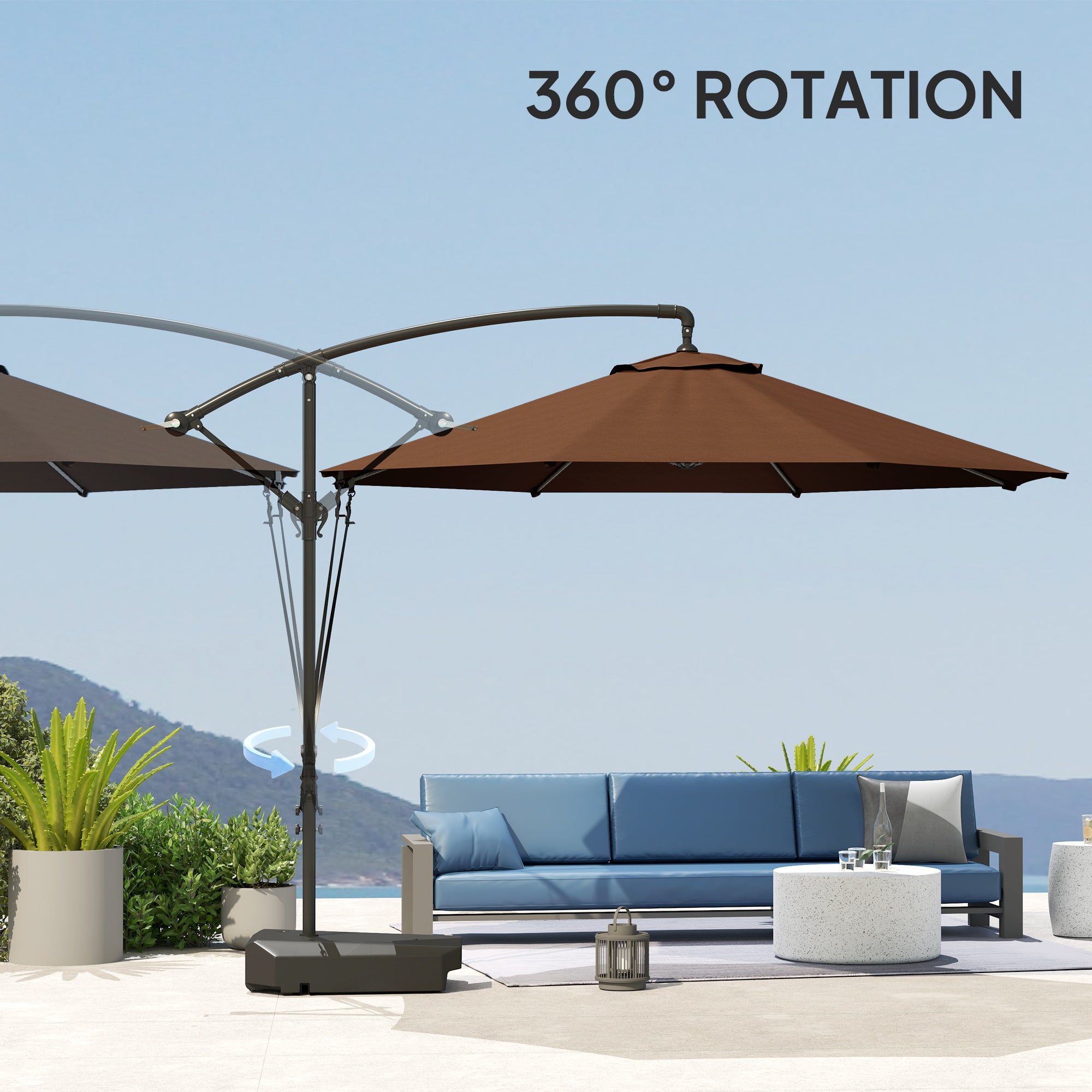 banana parasol patio umbrella Outsunny 3m Cantilever Banana Parasol w/ Fillable Base, Wind Protection Strap, Cover, Brown