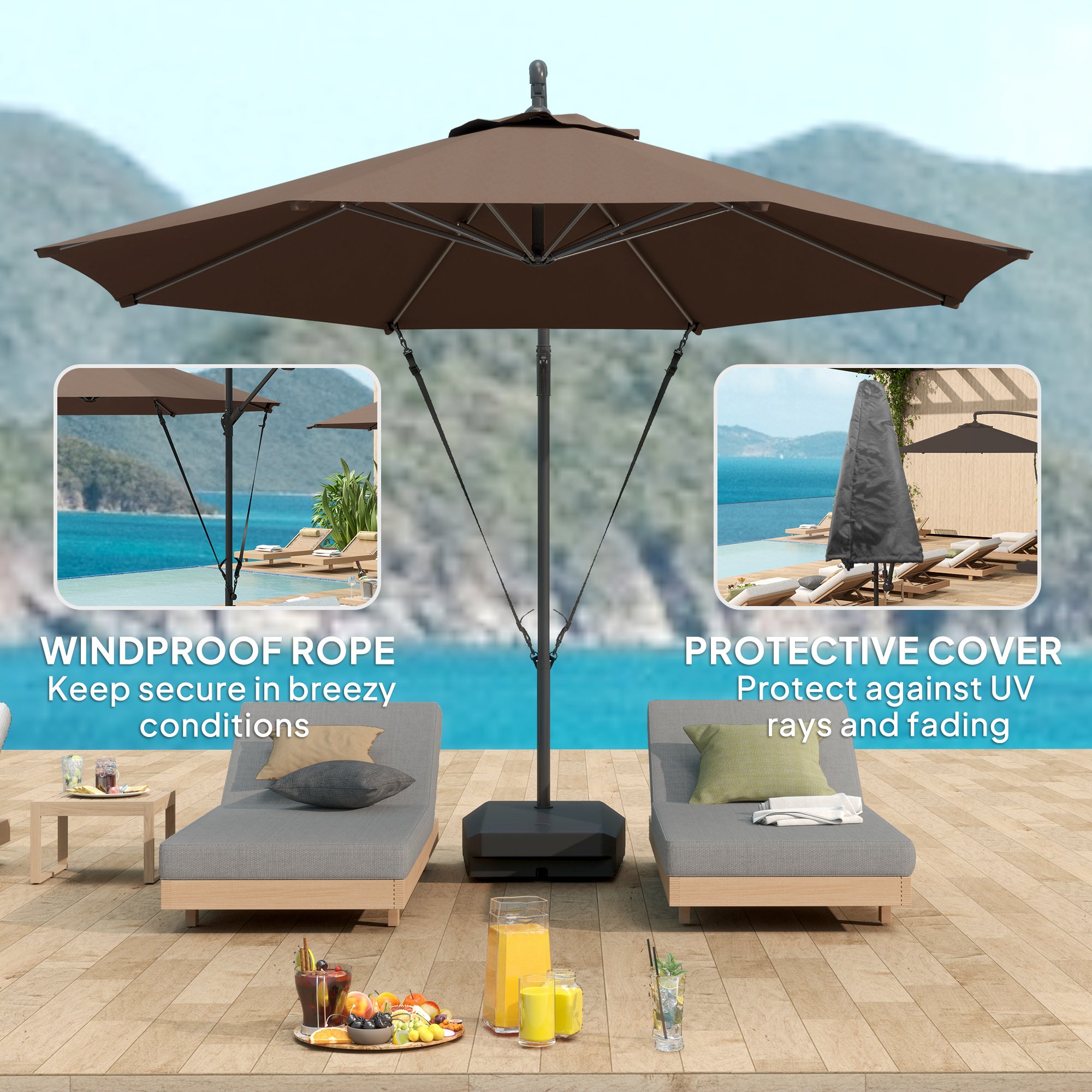 Outsunny 3m Cantilever Banana Parasol w/ Fillable Base, Wind
