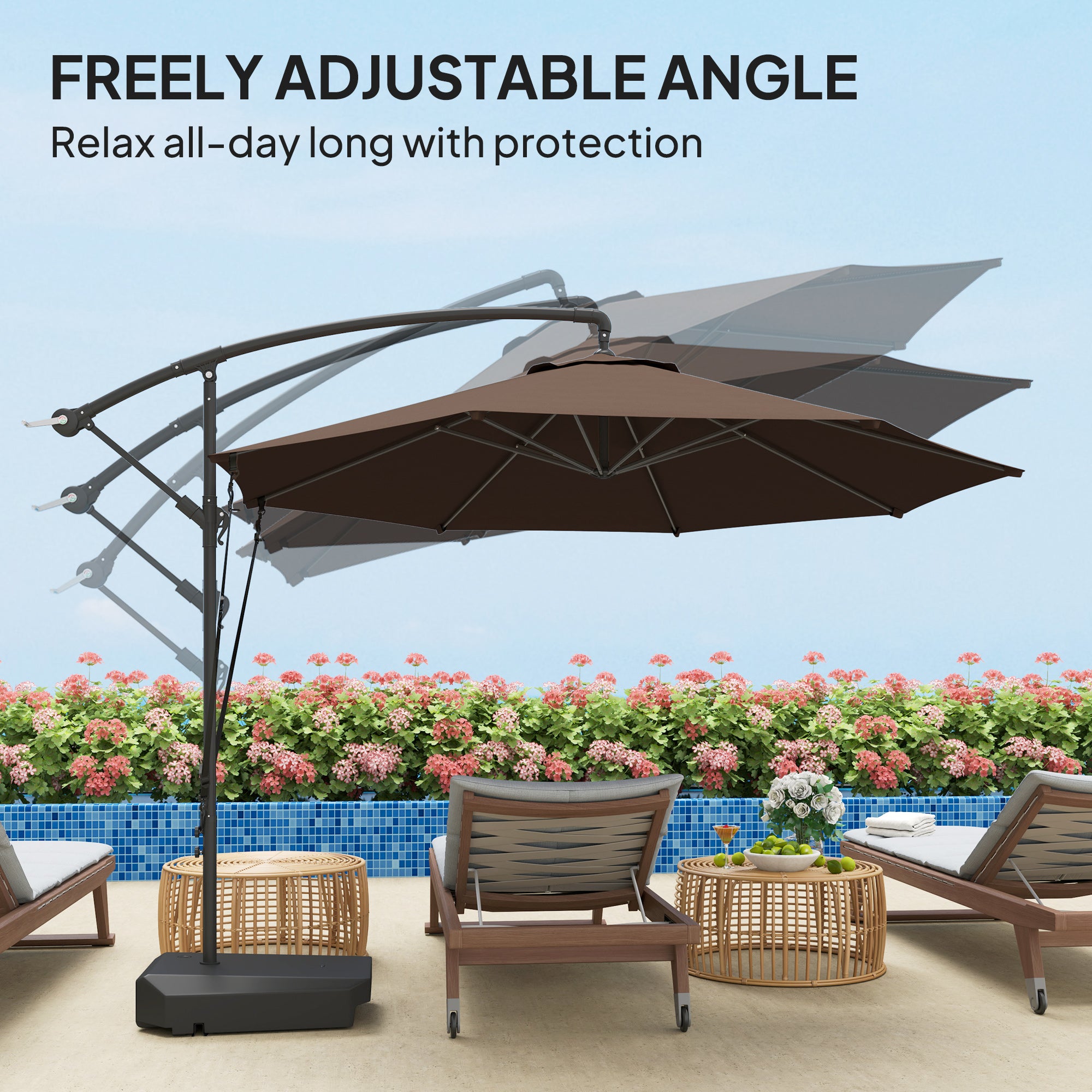 Outsunny 3m Cantilever Banana Parasol w/ Fillable Base, Wind Protection Strap, Cover, Brown Outsunny 3m Cantilever Banana Parasol w/ Fillable Base, Wind Protection Strap, Cover, Brown
