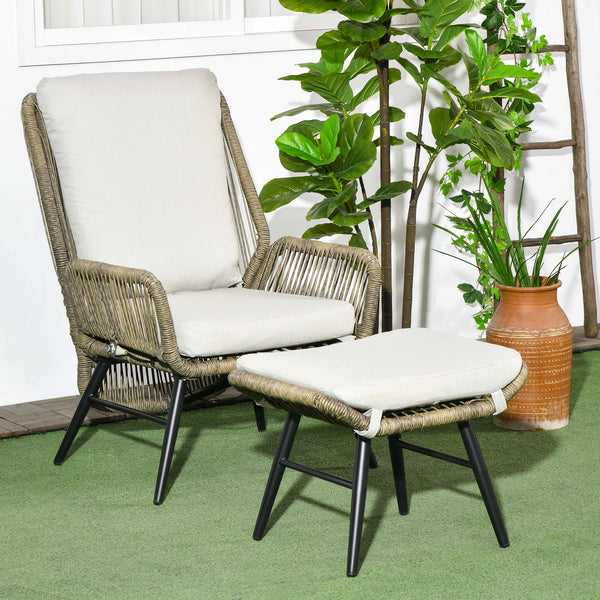 2 Pieces PE Rattan Patio Leisure Chair Set with Adjustable Backrest, Outdoor Reclining Patio Chair and Footrest with Cushion, Khaki
